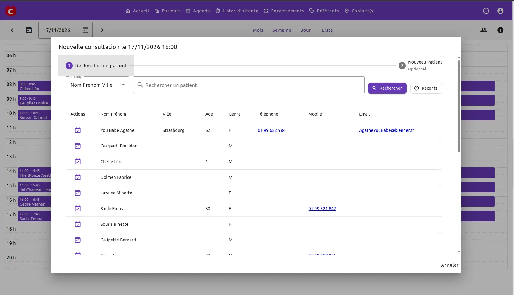 Fenêtre « Nouvelle consultation » de CalConsult : recherche d'un patient avant de créer le rendez-vous.