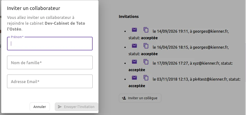 Fenêtre « Inviter un collaborateur » de CalConsult : prénom, nom et adresse e-mail, à côté de la liste des invitations envoyées.