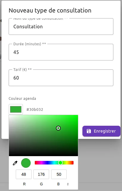 Fenêtre « Nouveau type de consultation » de CalConsult : nom, durée en minutes et tarif.