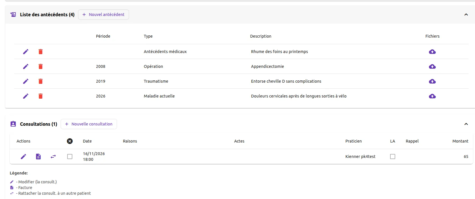Liste des antécédents d'un patient dans CalConsult : période, type, description et bouton d'ajout de fichiers, puis la liste de ses consultations.