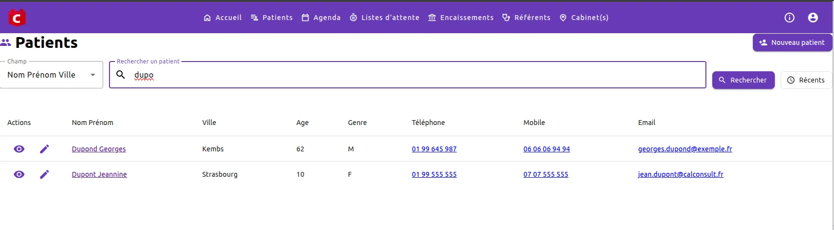 Recherche de patients dans CalConsult : quelques lettres saisies et la liste des patients correspondants avec ville, âge, téléphone et e-mail.