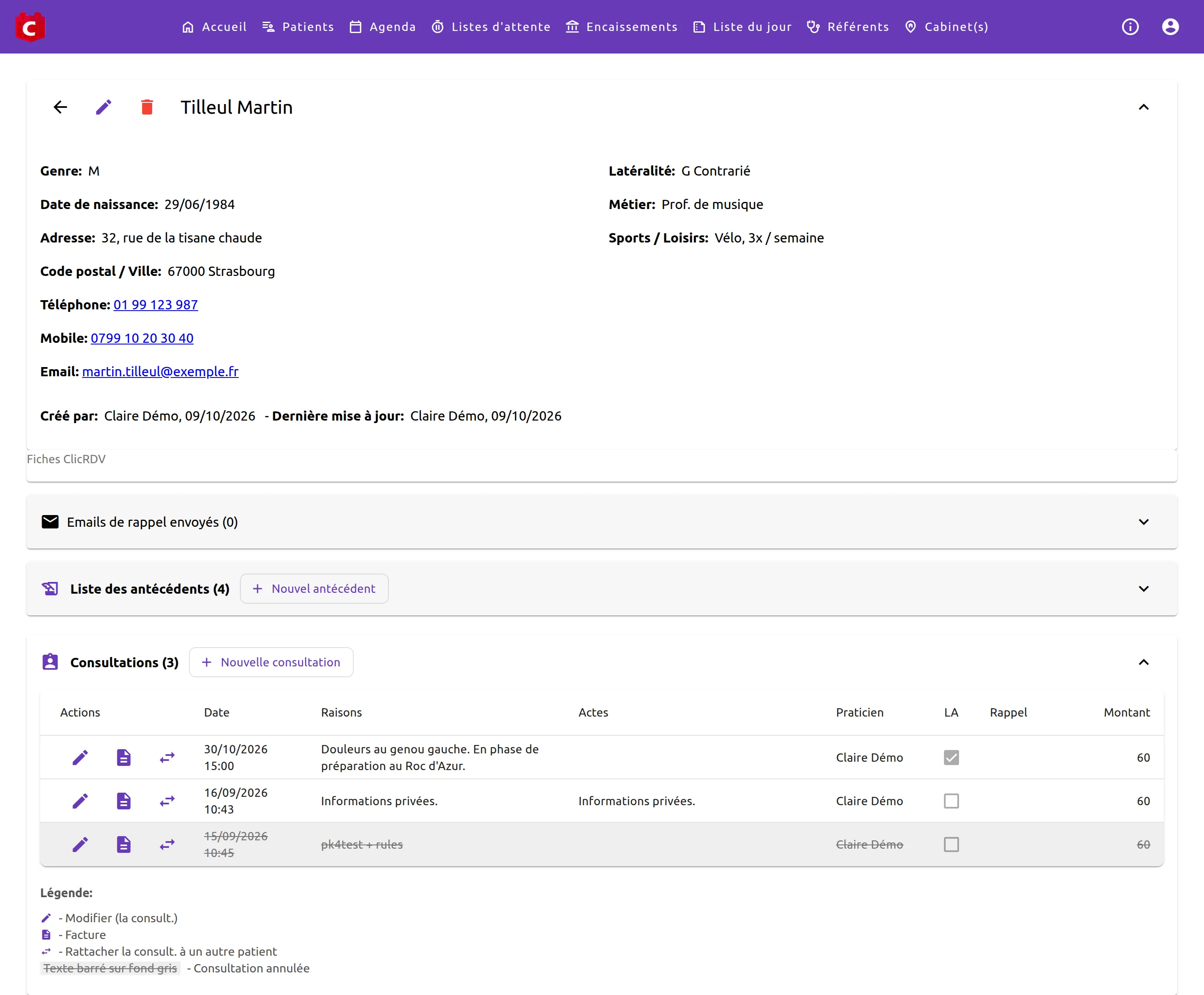 Dossier d'un patient fictif dans CalConsult : coordonnées, informations personnelles, antécédents et consultations, dont une annulée, barrée sur fond gris.
