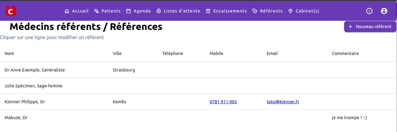 Liste des médecins référents dans CalConsult : nom, ville, téléphone, mobile, e-mail et commentaire.