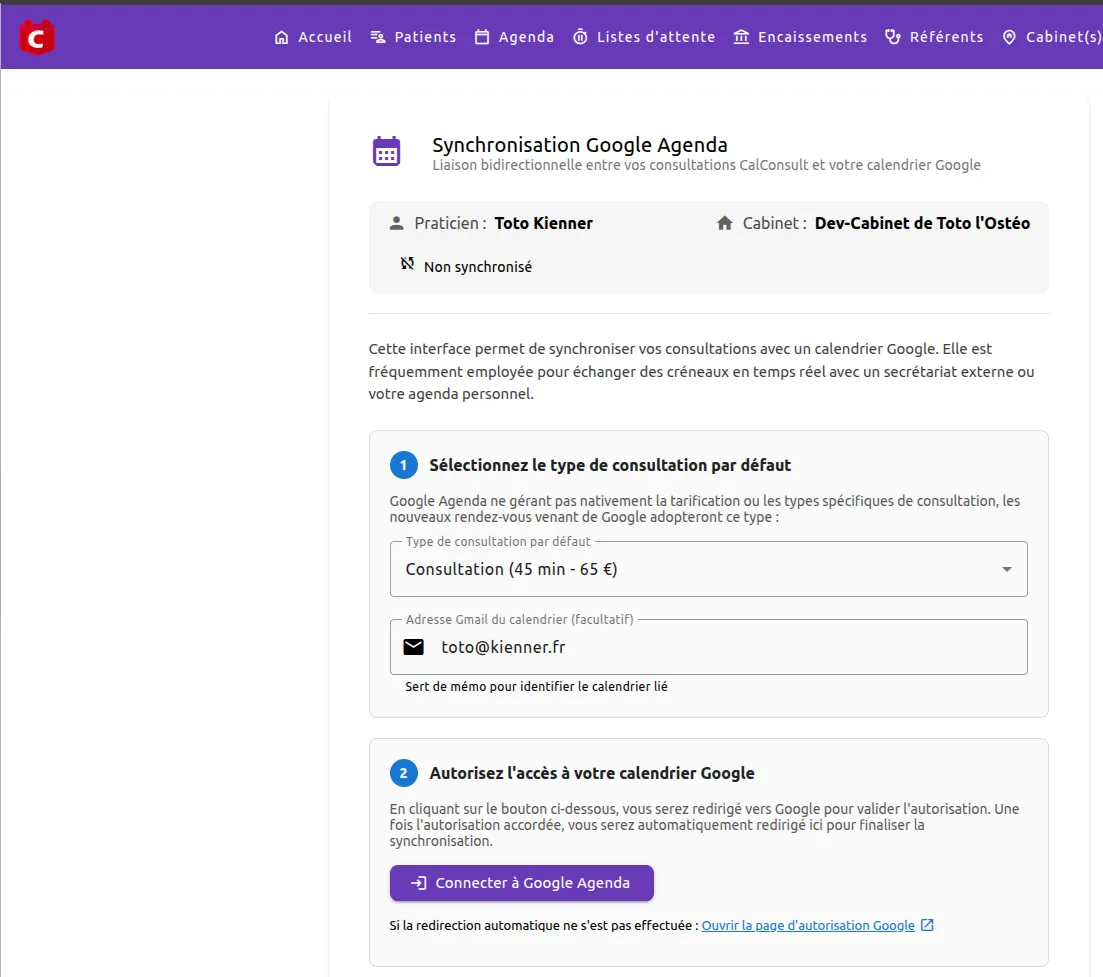 Écran « Synchronisation Google Agenda » de CalConsult : choix du type de consultation par défaut, adresse du calendrier et bouton pour autoriser l'accès à Google Agenda.