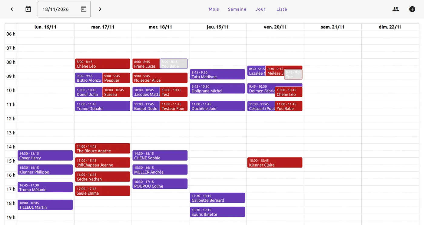 Agenda en vue « Semaine » avec deux agendas affichés : les rendez-vous de la praticienne en violet, ceux d’un collègue en rouge foncé, côte à côte quand ils ont lieu en même temps, et quelques consultations annulées sur fond gris.