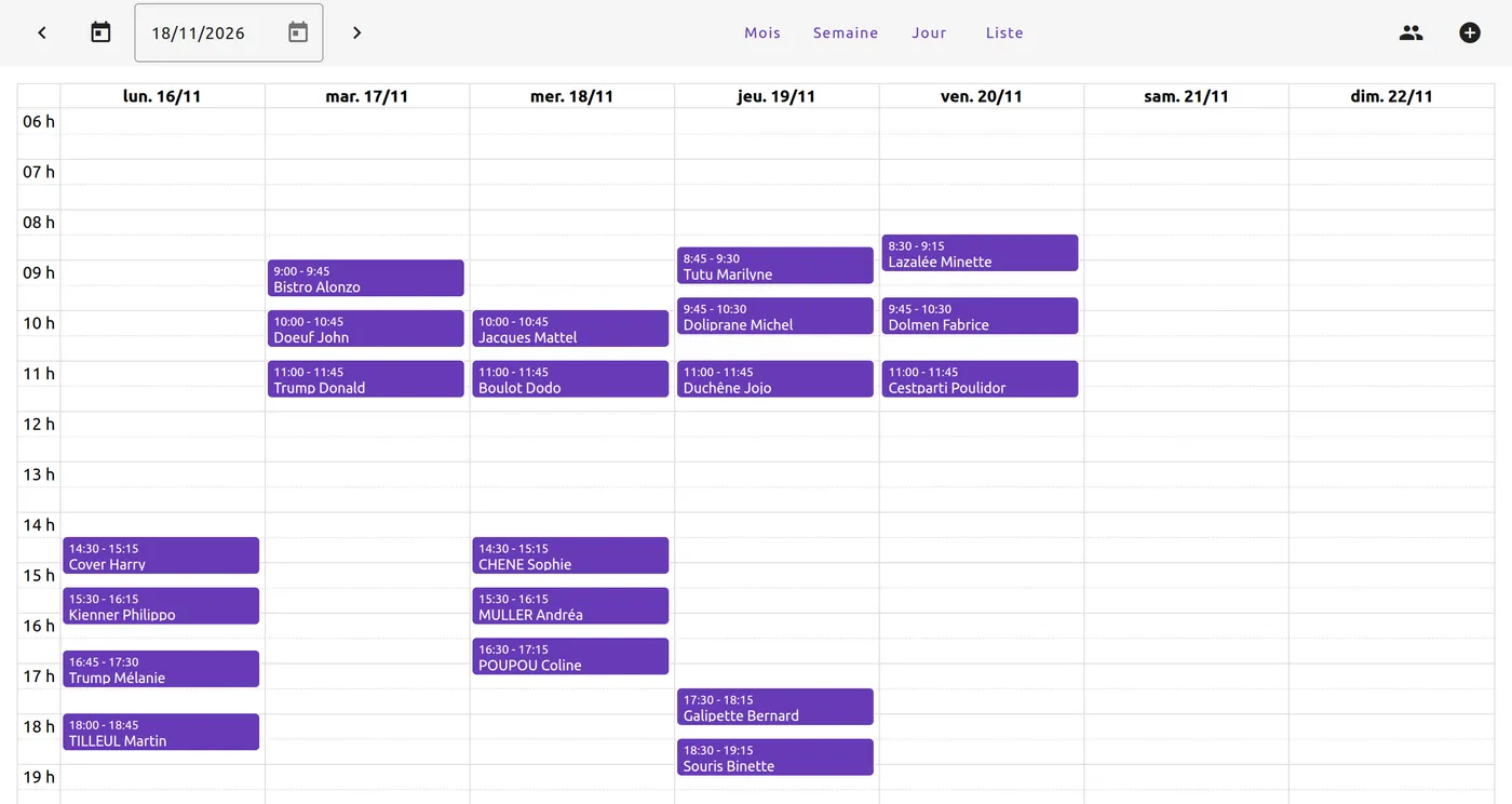Agenda de CalConsult en vue « Semaine », du lundi 16 au dimanche 22 novembre 2026 : à gauche les flèches et le champ de date, au centre les boutons « Mois », « Semaine », « Jour » et « Liste », à droite l’icône des collègues et le bouton plus ; dans la grille, les rendez-vous en violet avec leurs heures et le nom du patient.