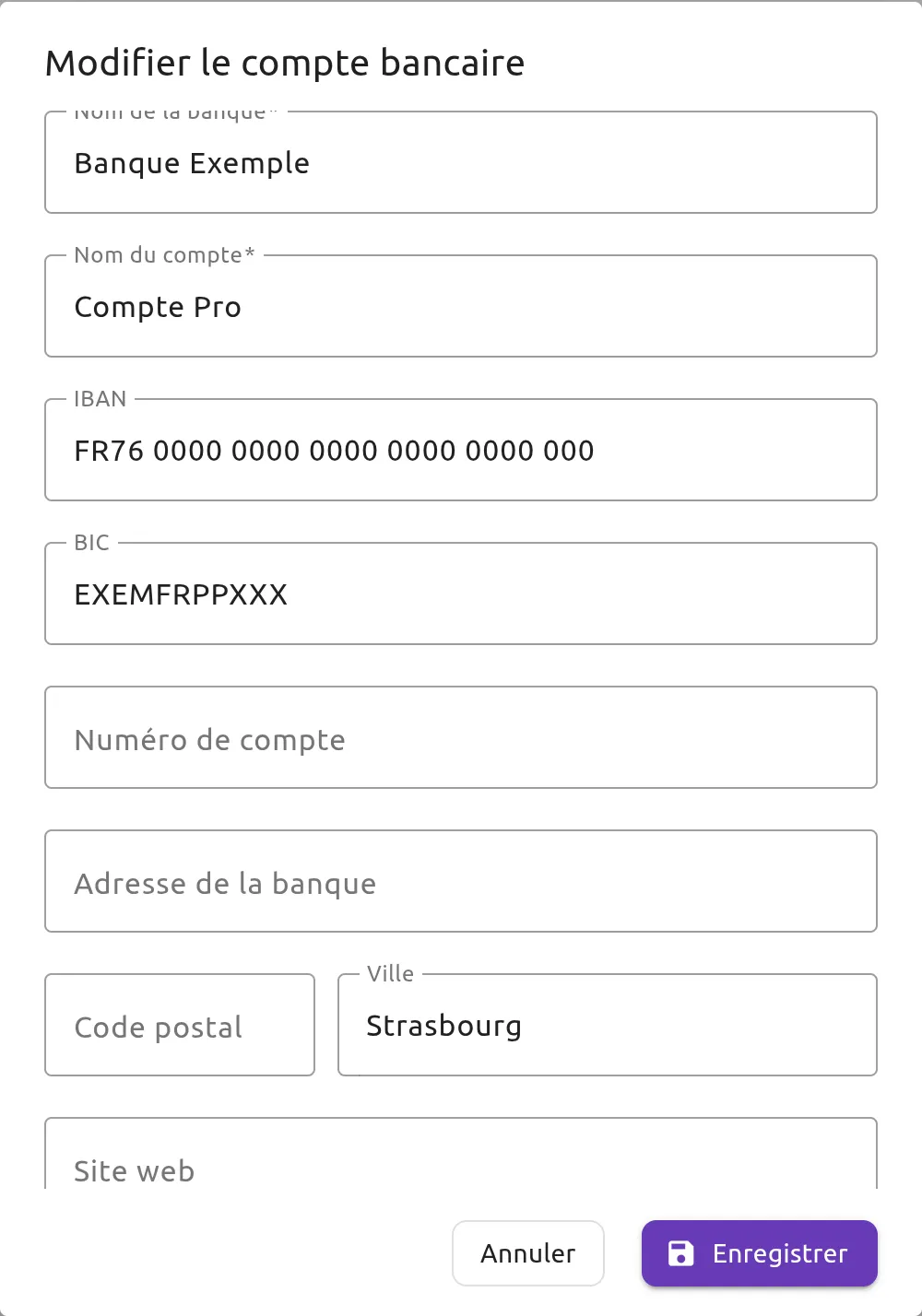 Fenêtre d’un compte bancaire, ici « Modifier le compte bancaire » ; la fenêtre « Nouveau compte bancaire » a les mêmes champs : « Nom de la banque » Banque Exemple, « Nom du compte » Compte Pro, « IBAN » et « BIC » factices, « Numéro de compte », « Adresse de la banque » et « Code postal » vides, « Ville » Strasbourg, « Site web » vide, et les boutons « Annuler » et « Enregistrer ».