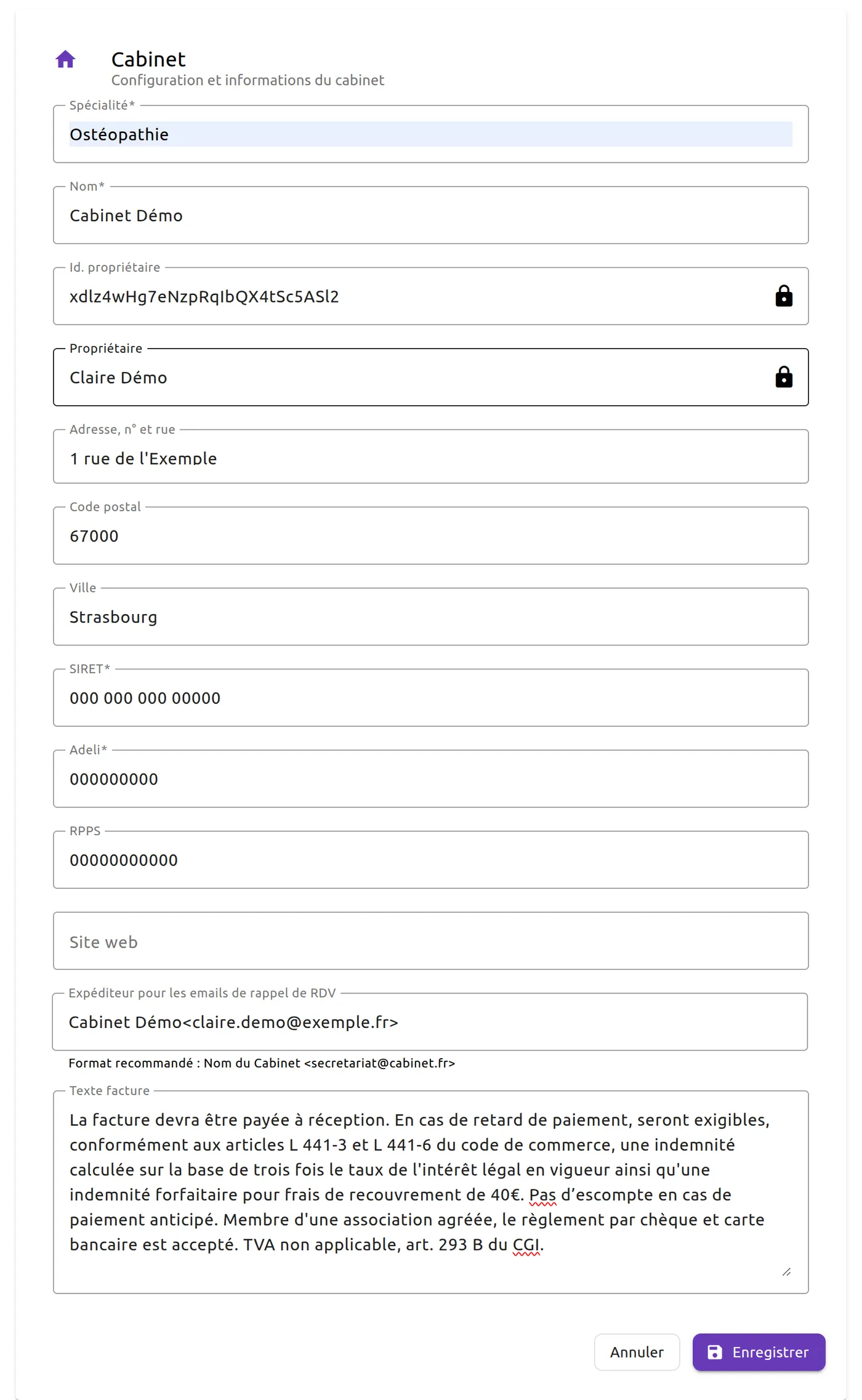 Formulaire « Cabinet » rempli : « Spécialité » Ostéopathie, « Nom » Cabinet Démo, « Id. propriétaire » et « Propriétaire » grisés avec un cadenas, adresse à Strasbourg, SIRET, Adeli et RPPS, « Site web » vide, adresse des rappels, « Texte facture », puis les boutons « Annuler » et « Enregistrer ».