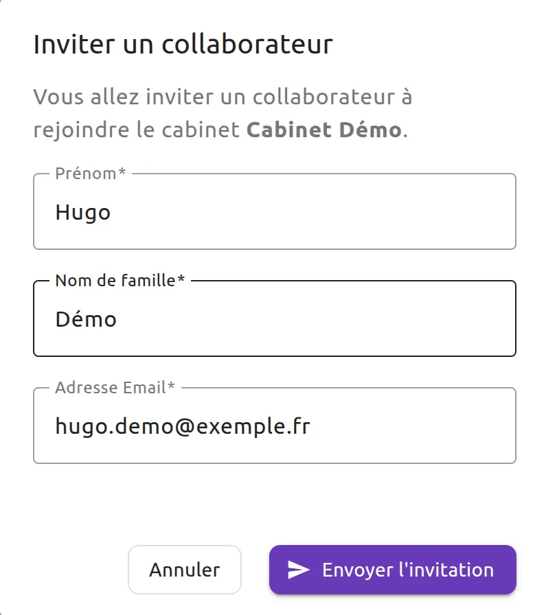 Fenêtre « Inviter un collaborateur » ouverte sur la page « Cabinet(s) » : le nom du cabinet, les champs « Prénom », « Nom de famille » et « Adresse Email » remplis, et les boutons « Annuler » et « Envoyer l’invitation ».