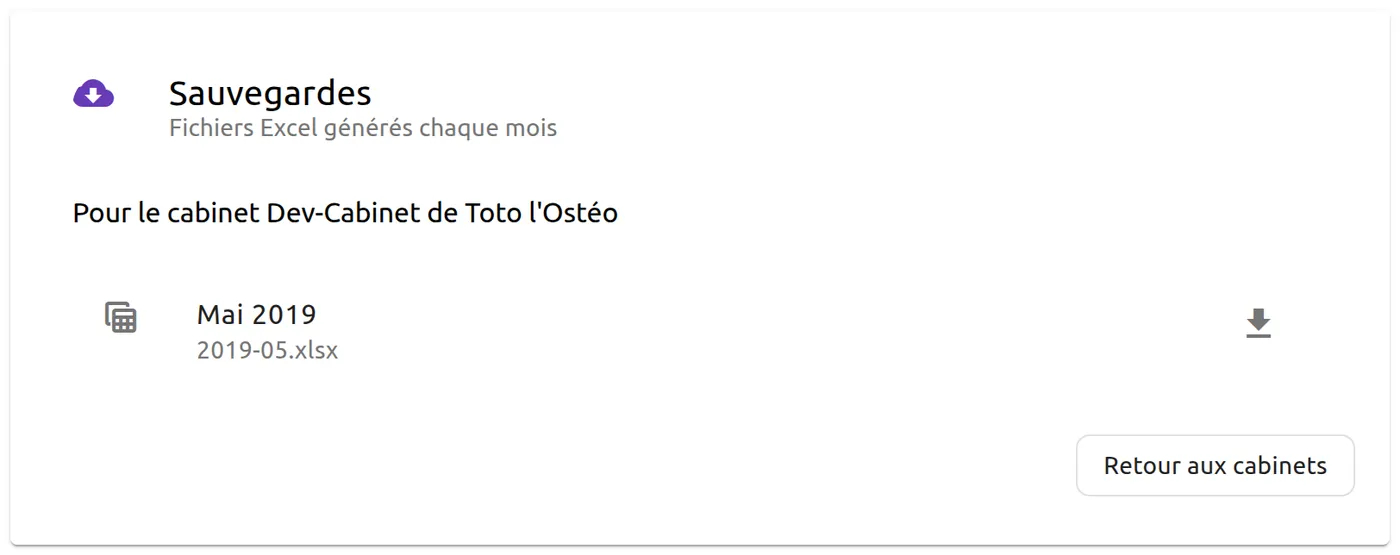 Écran Sauvegardes : la sauvegarde de mai 2019 (fichier 2019-05.xlsx) avec son bouton de téléchargement, et le bouton Retour aux cabinets.