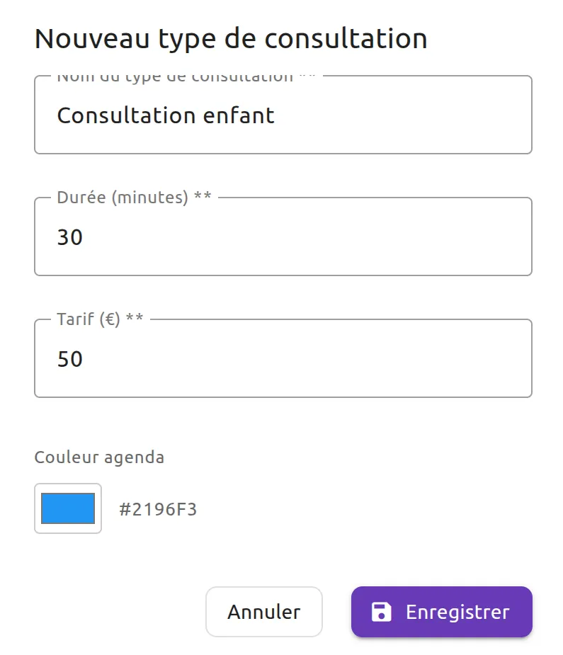 Fenêtre « Nouveau type de consultation » remplie : nom Consultation enfant, « Durée (minutes) » 30, « Tarif (€) » 50, la « Couleur agenda » bleue par défaut, et les boutons « Annuler » et « Enregistrer ».