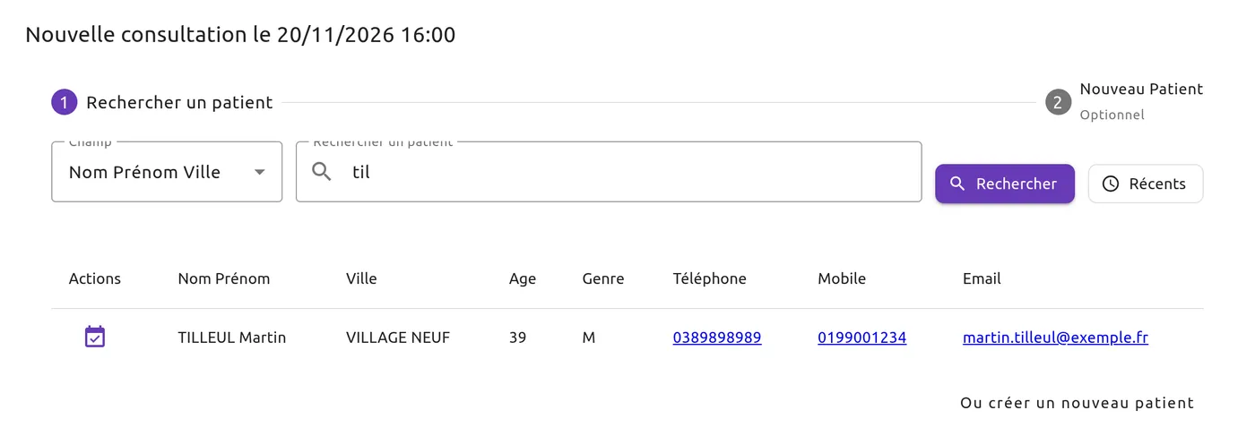Fenêtre « Nouvelle consultation le 20/11/2026 16:00 », étape « Rechercher un patient » : til saisi, le patient TILLEUL Martin dans les résultats avec l’icône de sélection à gauche, l’étape « Nouveau Patient » marquée optionnelle, et le bouton « Ou créer un nouveau patient ».