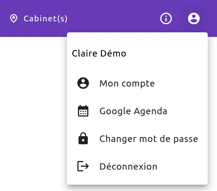 Menu du profil ouvert sous l’icône de profil, en haut à droite de la barre violette : le nom de l’utilisateur, puis « Mon compte », « Google Agenda », « Changer mot de passe » et « Déconnexion ».