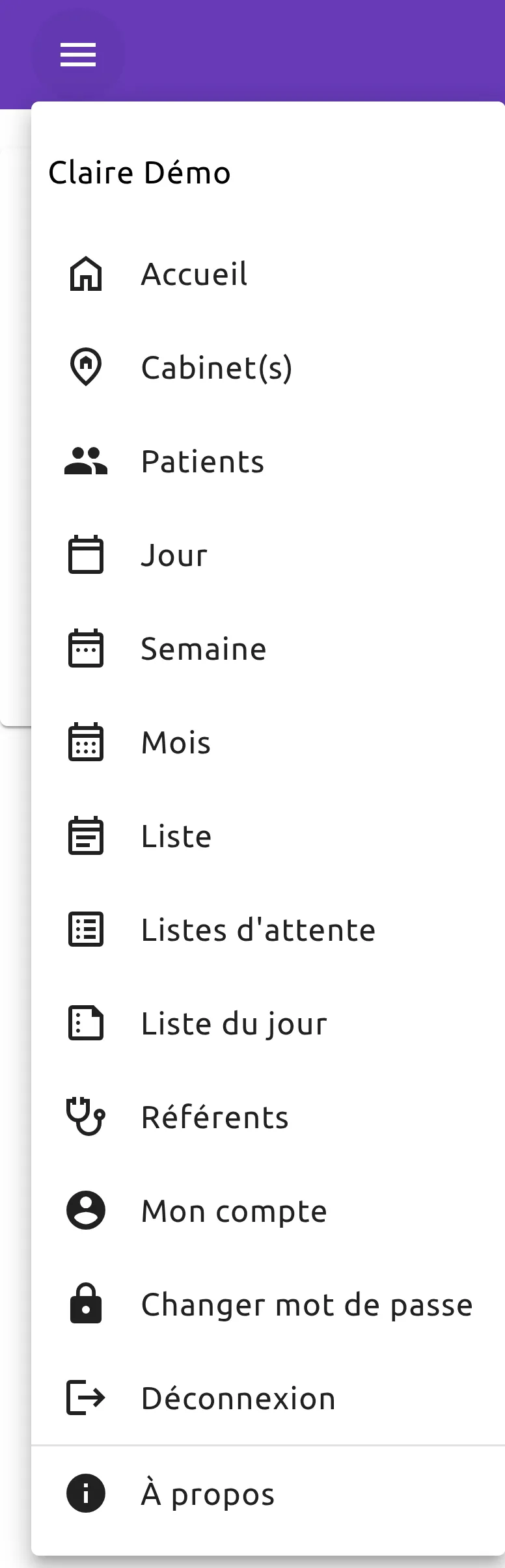 Menu de CalConsult ouvert sur téléphone : les écrans, de « Accueil » à « Référents », puis « Mon compte », « Changer mot de passe », « Déconnexion » et « À propos ».