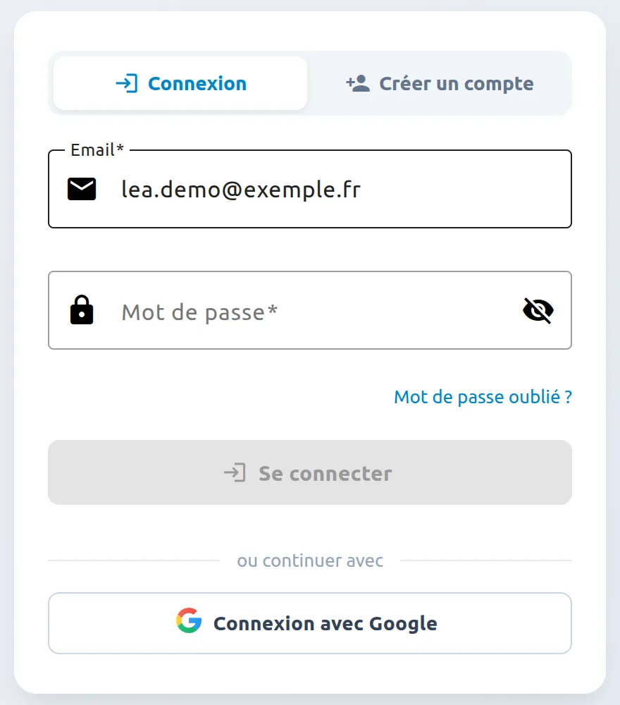 Écran de connexion avec une adresse saisie dans « Email » et le lien « Mot de passe oublié ? » sous le champ « Mot de passe », à droite.
